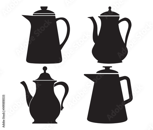 Silhouette teapot isolated on white background. Vintage teapot and coffee pot silhouette.