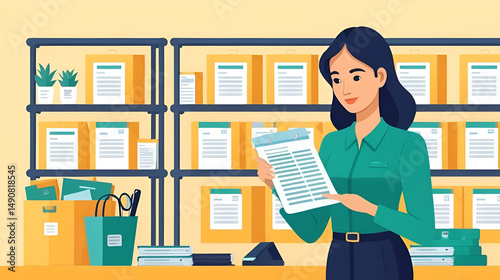a concept of a purchasing staff, inventory management. illustration of a woman who is compiling a list of purchases of goods or services needed by all members of the company. flat style. vector design