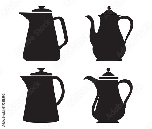 Silhouette teapot isolated on white background. Vintage teapot and coffee pot silhouette.
