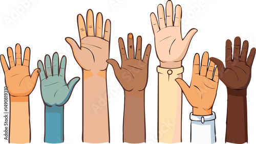 A vibrant illustration of multiple hands of various skin tones raised in the air, suggesting participation, engagement, or a call for action.