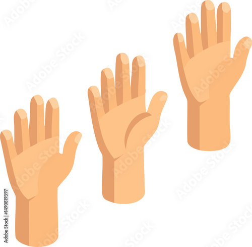 Three hands raised in an isometric style, ready to ask a question or participate.