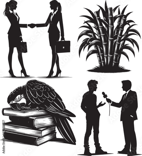 A compilation of silhouettes featuring businesswomen, bamboo, a parrot, and an interview