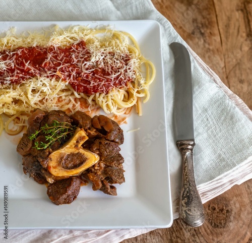 Traditional spaghetti with ossobuco sauce photo
