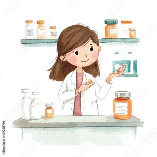 A Cheerful Pharmacist Child Character with Colorful Pills