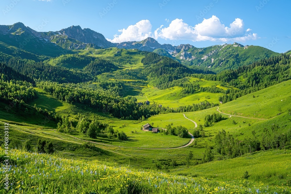 Naklejka premium Exploring serene nature landscapes majestic mountains vibrant green valleys scenic views tranquil environment