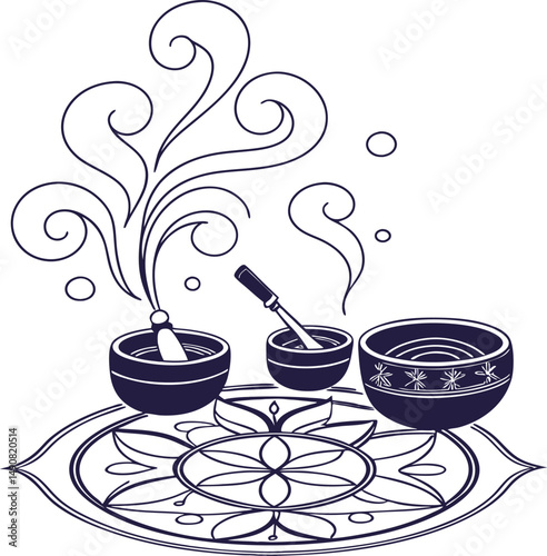 Spiritual healing bowls with incense and mandala design for meditation and wellness practices