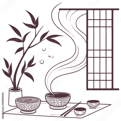 Serene japanese tea ceremony illustration with steaming bowls chopsticks and bamboo plant