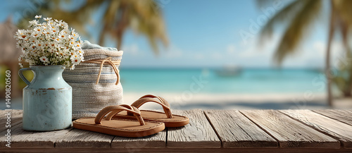 Barefoot Bliss: Seaside Elegance with Flip-Flops & Coastal Accents on Oceanview Teak Table photo