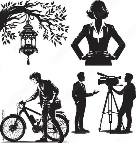 A compilation of black and white vector images showcasing diverse professional scenes