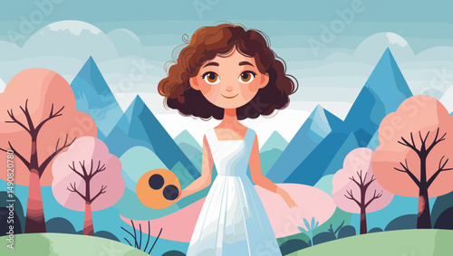 young girl in a white dress holding a mask in a whimsical nature setting