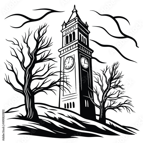 A tall clock tower on a hillside with bare trees in a windy landscape