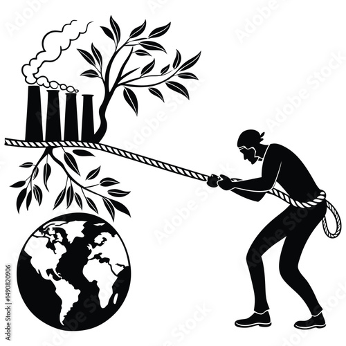 Man pulling a rope connected to industry and nature protecting the earth
