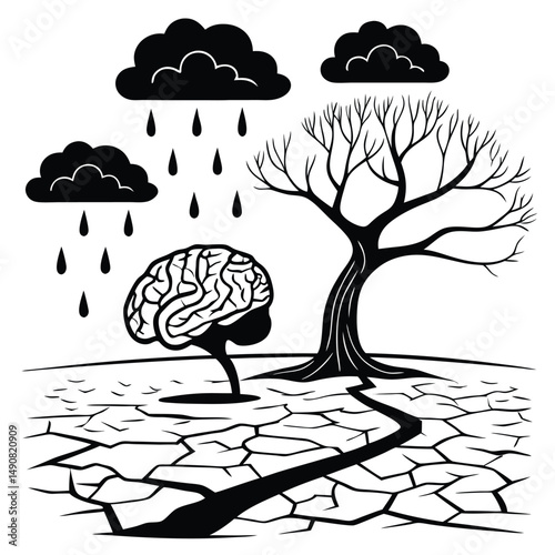 Brain in dry cracked earth with rain clouds and dead tree conceptual illustration