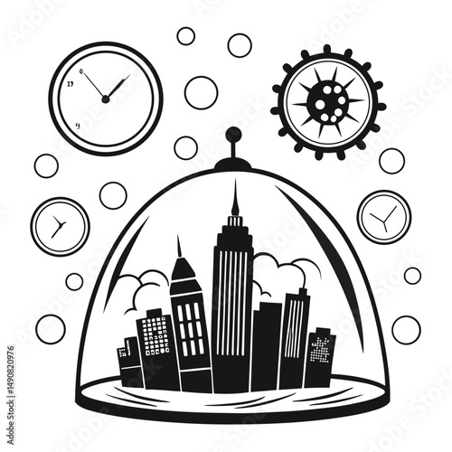 Cityscape under glass dome with clocks and virus icon time passing pandemic concept