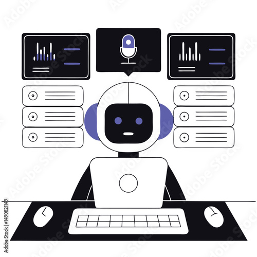Ai robot assistant working on computer with data analytics and voice recognition