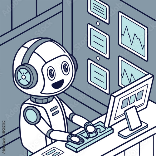 Friendly robot working at computer with data analysis charts