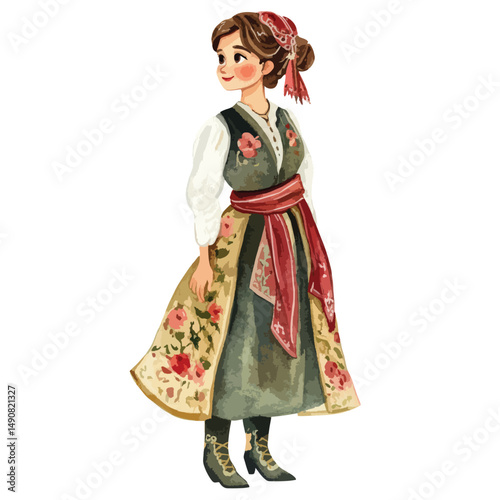 A Delicate Watercolor Portrait of a Woman in Traditional Folk Costume