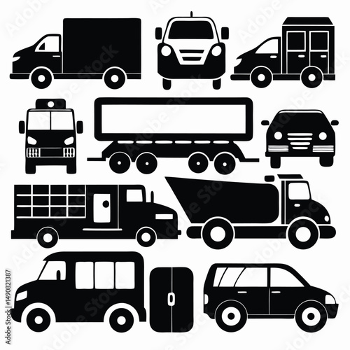  a comprehensive collection of simple black silhouettes representing various types of vehicles on white background