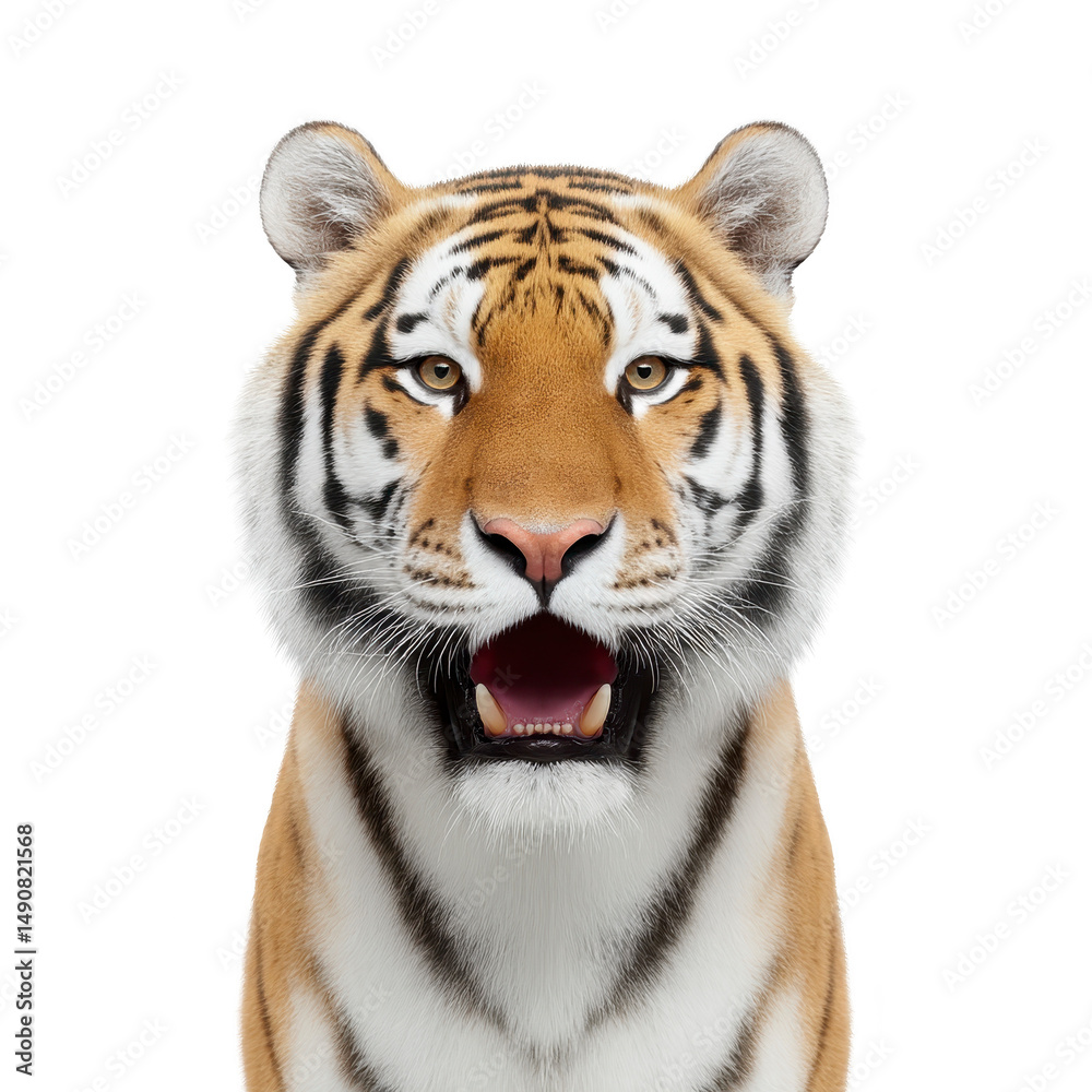 Fototapeta premium Majestic tiger with striking orange and black stripes gazes directly viewer, showcasing its powerful presence and intense expression. detailed fur and piercing eyes highlight tiger natural beauty