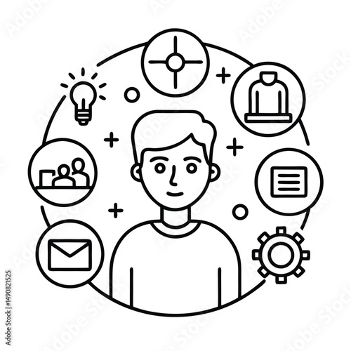 Young man surrounded by icons representing business skills teamwork and innovation