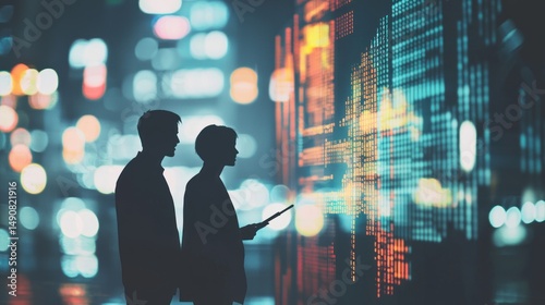 Data Analysis Night Cityscape: Two Silhouettes Studying a Futuristic Digital Interface