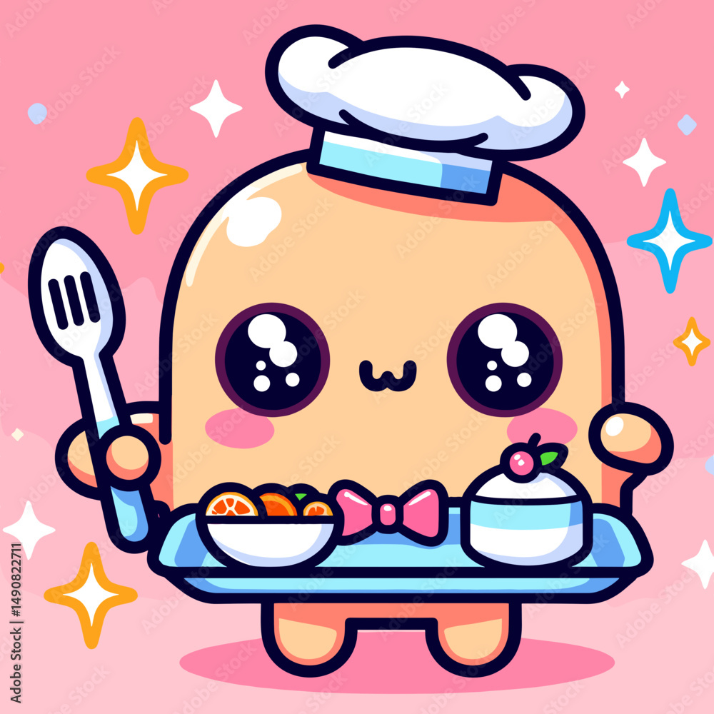 cute character chef holding a tray of desserts and fruits in a colorful illustration cute character chef holding a tray of desserts and fruits in a colorful illustration