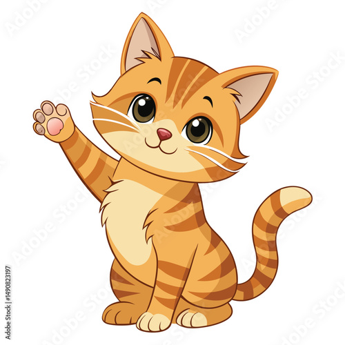 A fluffy ginger kitten standing on its hind legs with a paw raised and a joyful expression on white background