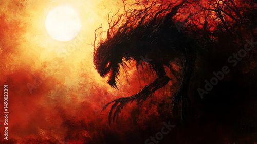Shadowy creature looming in fiery landscape under bright sun - Concept of mandala  