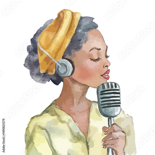 A Vintage Watercolor Portrait of a Woman Singing