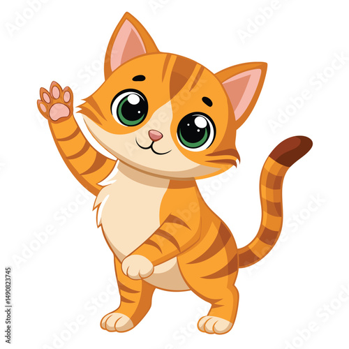 A cute tabby kitten with wide, excited eyes and an open mouth  on white background