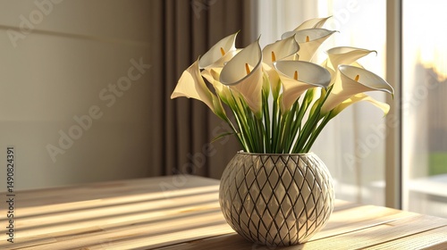 Geometric Patterned Vase with White Flowers in Soft Natural Light