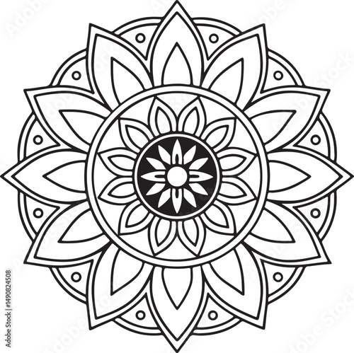 Floral Mandala Drawing – Line Art for Adult Coloring Books