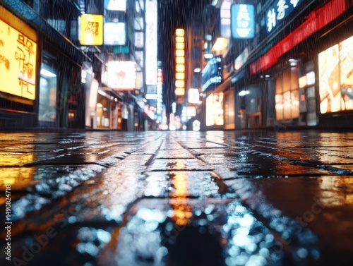 Rainy night scene urban streets photography city low angle vibrant lights and reflections