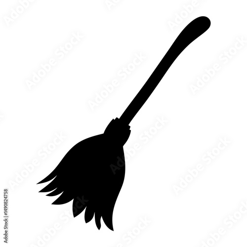 Simple black silhouette of a traditional witch's broom on white background