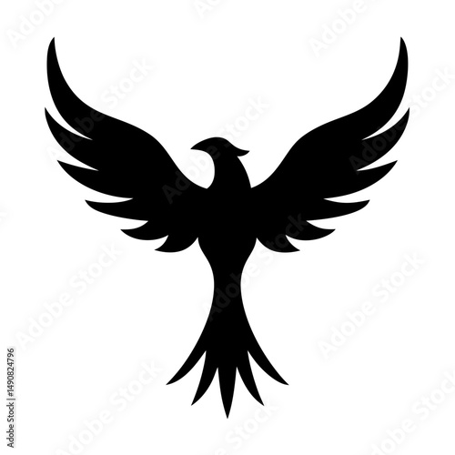 Stylized Black Bird Silhouette with Outstretched Wings Against White Background Design