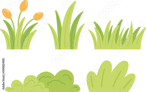 Set of hand drawn green bushes in cartoon style, flat vector. for decorate landscape white background.