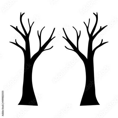 Stylized silhouette illustration featuring two bare trees in black against a white background