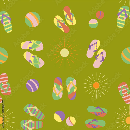 seamless pattern with no background, consisting of colorful flip-flops, balls