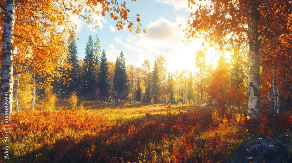 Fototapeta premium Autumn sunrise over golden forest nature landscape tranquil environment scenic viewpoint vibrant colors