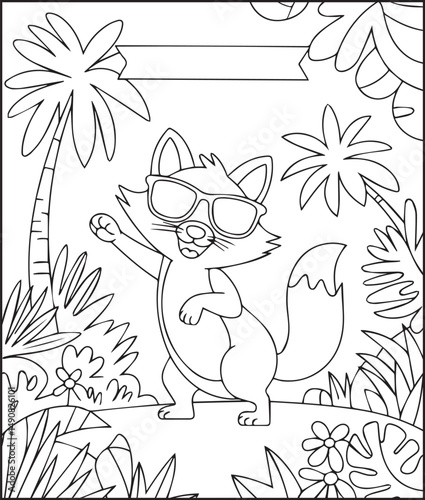 Beautiful fox wearing eyeglass coloring page for kids, Black line art vector for children book design