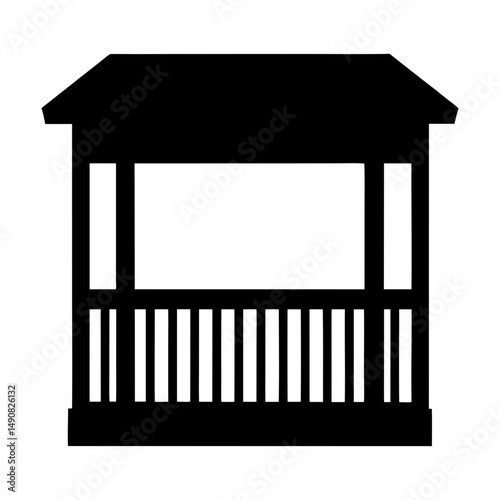 A minimalist black gazebo silhouette with straight lines and geometric structure