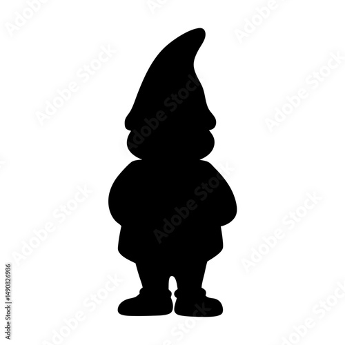 Silhouette of a garden gnome with pointed hat standing tall and still