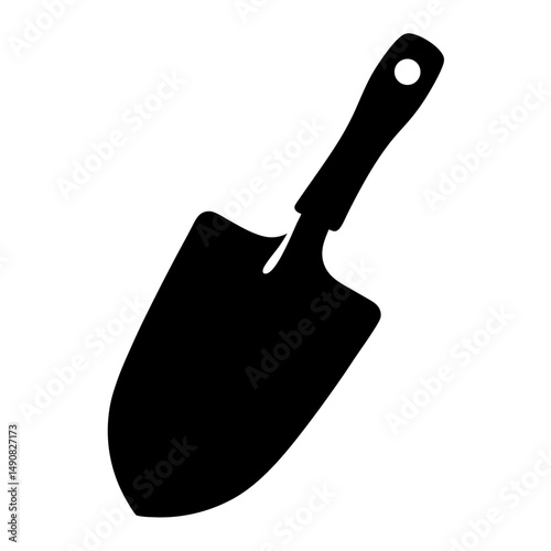Black silhouette illustration of a trowel gardening tool, isolated on white