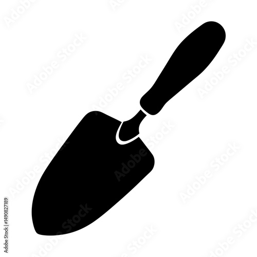 A single black gardening hand trowel against a stark white background