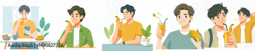 vector of a young man eating bread