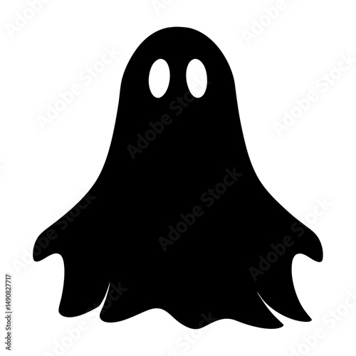 Spooky Halloween Ghost Silhouette with Oval Eyes Floating on a White Background