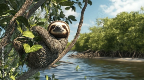 A tiny Three-Toed Pygmy Sloth clings to a tree branch in a coastal mangrove forest, background wallpaper AI generated image