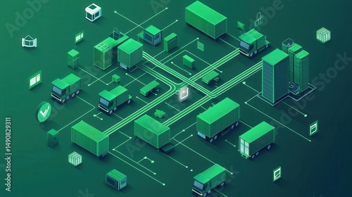 Image depicting a smart logistics system with interconnected green flowchart elements, trucks, and cargo containers.