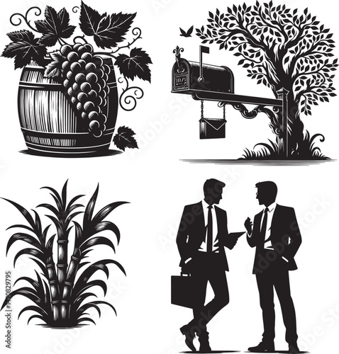 A monochrome illustration featuring various elements including nature and business