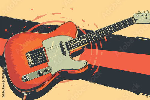 Electric guitar radiating bold, colorful waves, bringing energy of rock music. Vibrant music scene. Creative art collage. Concept of music, festival, creativity, abstract artwork
